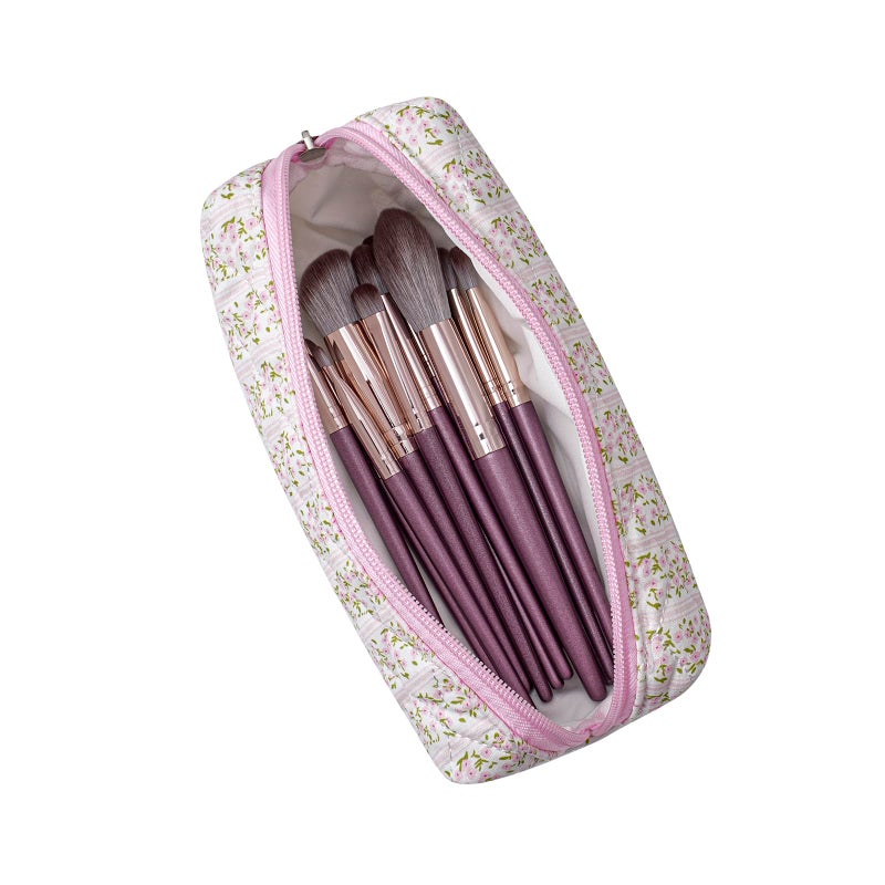 WHHJM Cute Floral Makeup Brush Bag Small Cotton Quilted Cosmetic Bag for Women Travel Toiletry Zipper Make Up Pouch (Pink Floral) - Image 2